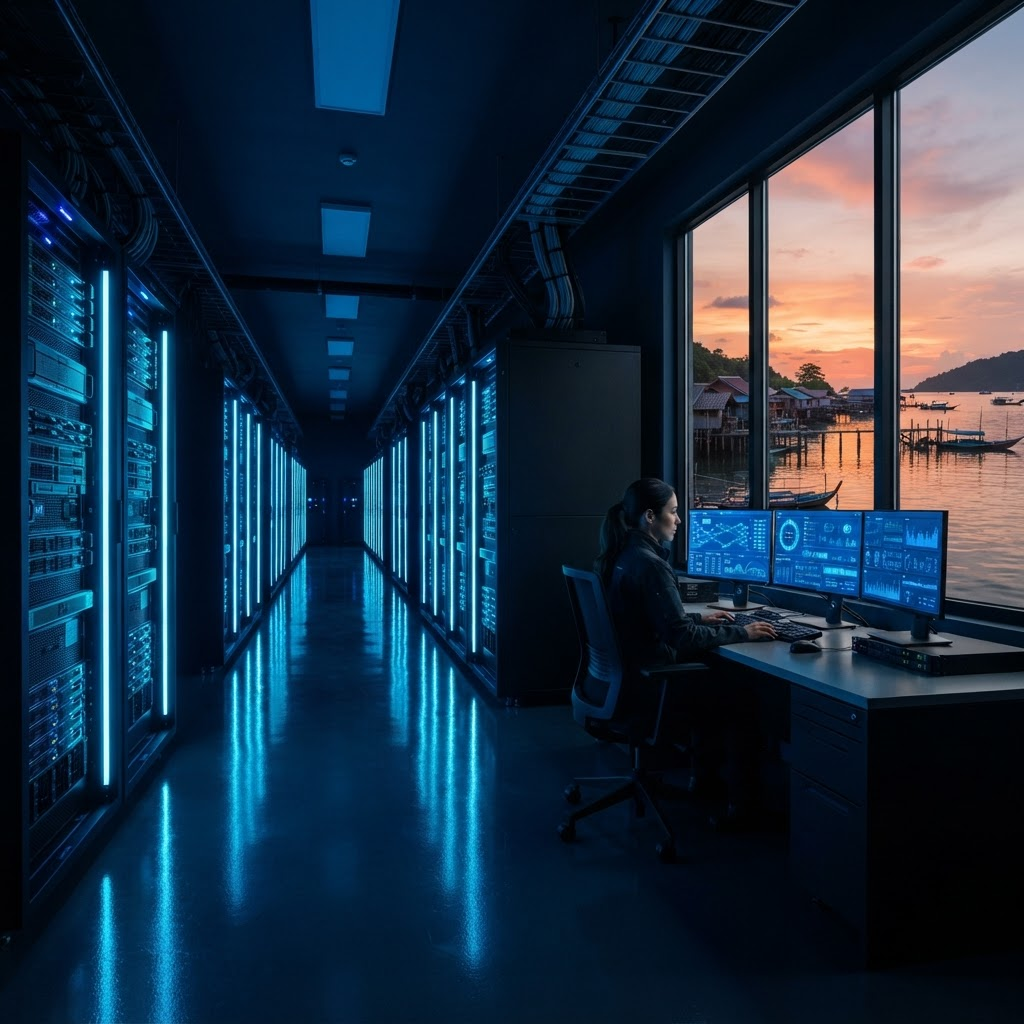 Rows of server racks glowing blue inside a Bayside Compute AI factory, with a control desk and a window overlooking the bay at sunset